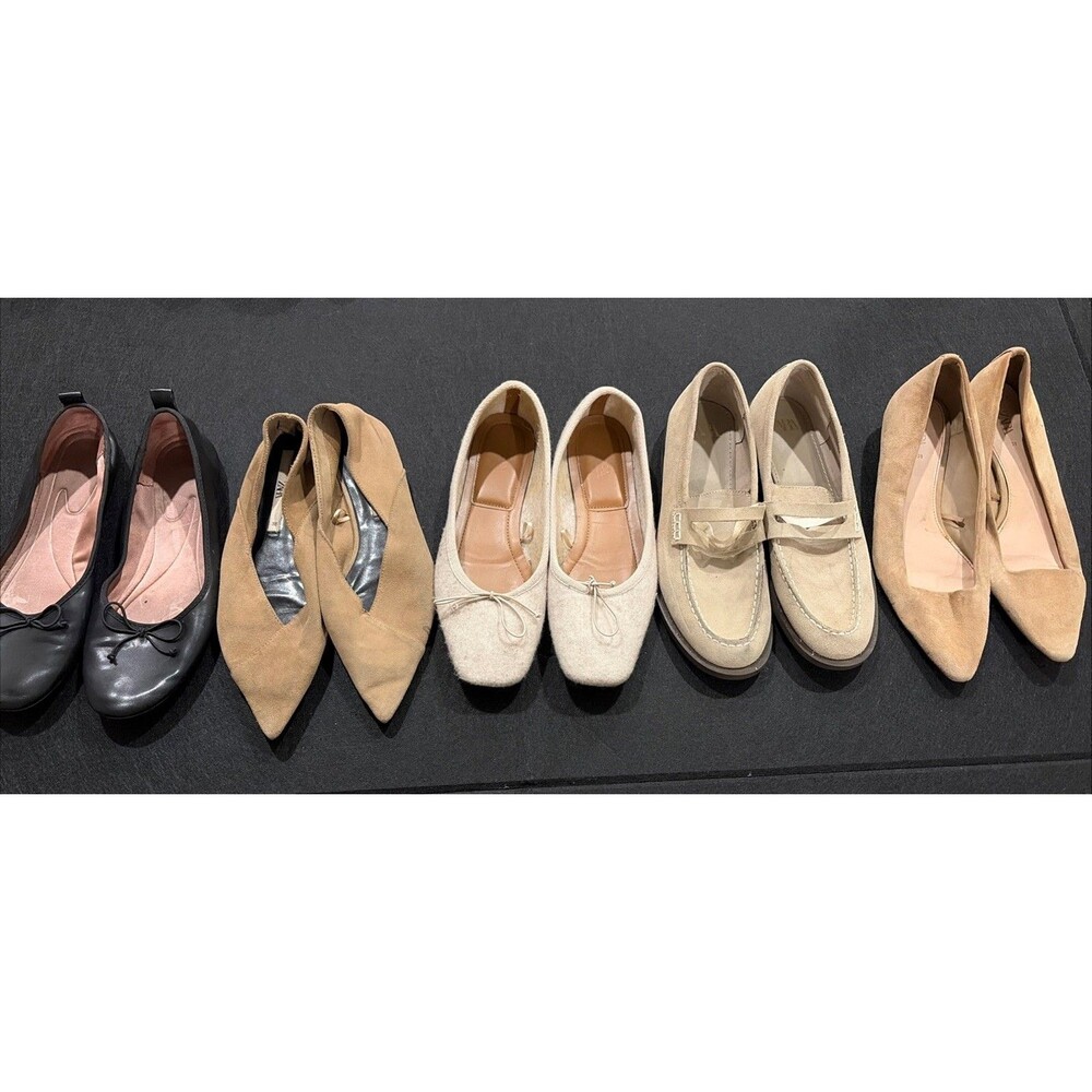 Lot of 5 Zara Shoes Women Sz EUR 38 Black Brown Beige Flats Loafers Ballet Work